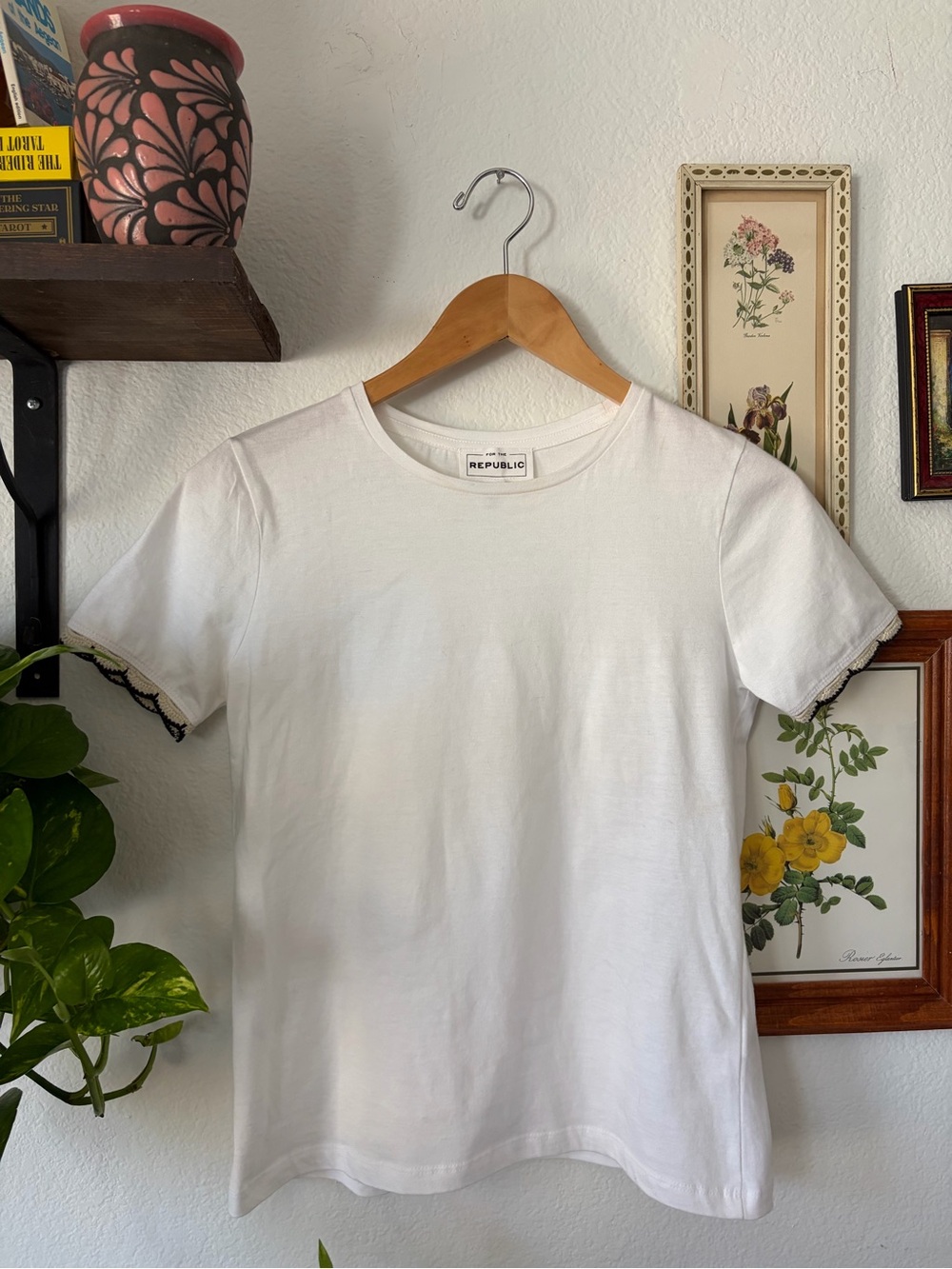For the Republic White Crewneck Tee with Crochet Sleeve Trim - XS